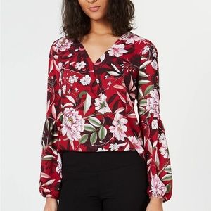 Bar III Women's Top XS Long Sleeve Faux Wrap V Neck Red Blouse